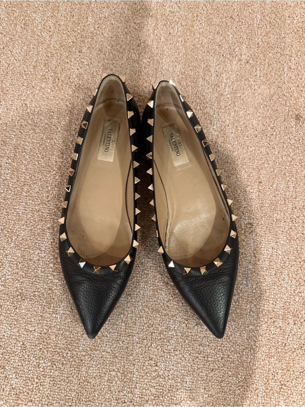 Valentino Garavani Black Leather Pointed Flats with Gold Rockstud Trim